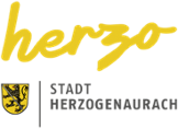 Logogelber herzo-Schriftzug mit dem Wappen der Stadt