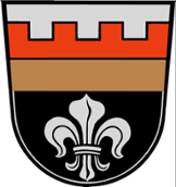 Wappen Gemeinde Pentling besteht aus silberner Lilie, dem Römerweg und Burgzinne