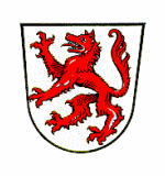 Wappen der kreisfreien Stadt Passau; In Silber ein steigender roter Wolf.