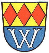 Wappen des Markts Wilhermsdorf rote Rauten auf gold unten Buchstabe W auf blau